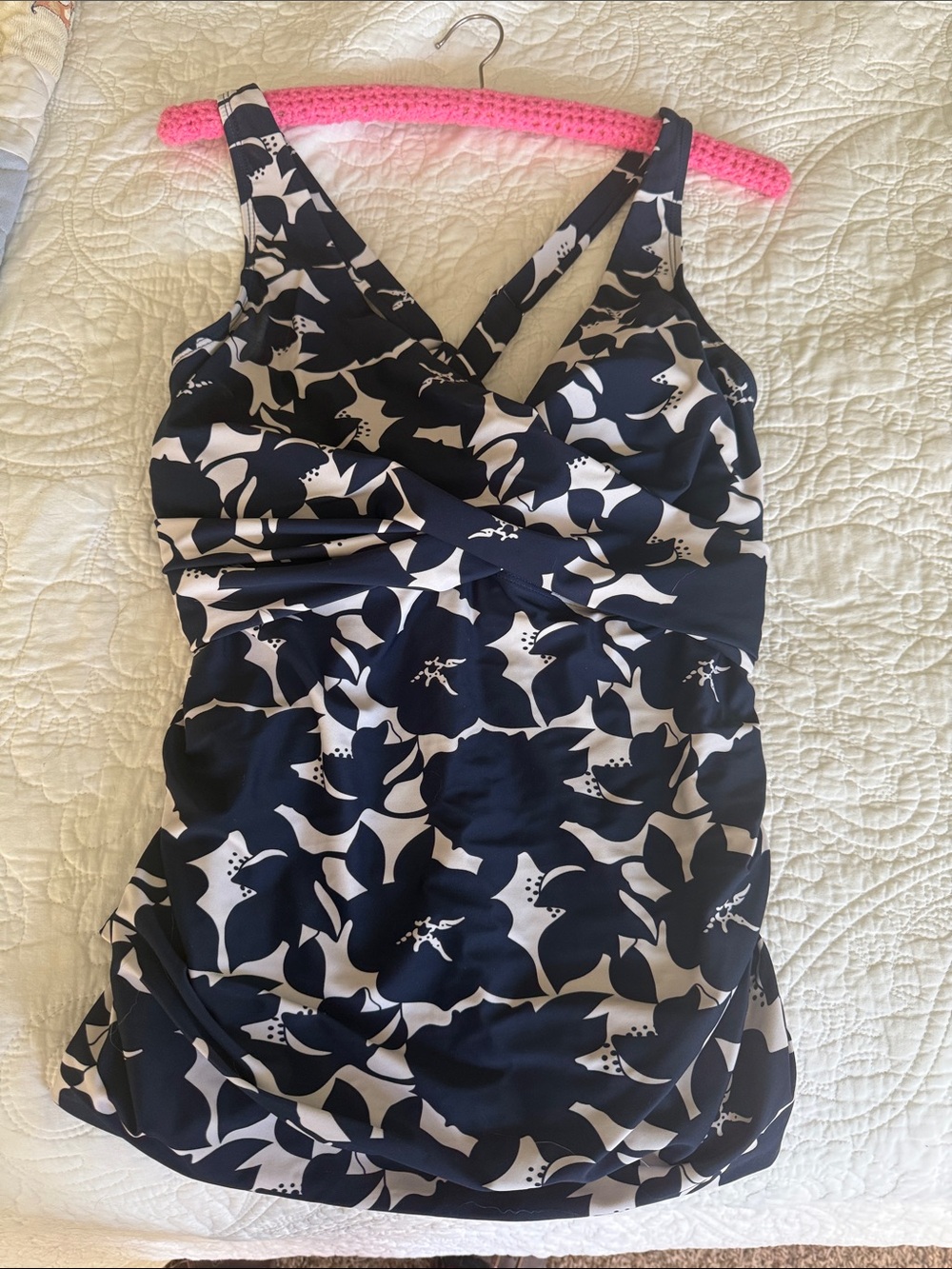 Floral Navy & White Swim Tankini Top with Crossover V-Neck & Support